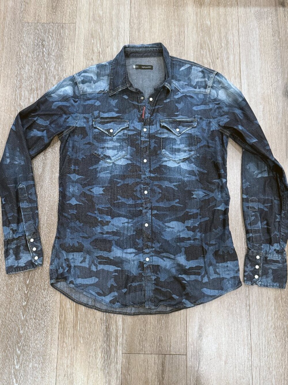 DSQUARED2 Blue Laser Print Camo Denim Western Shirt